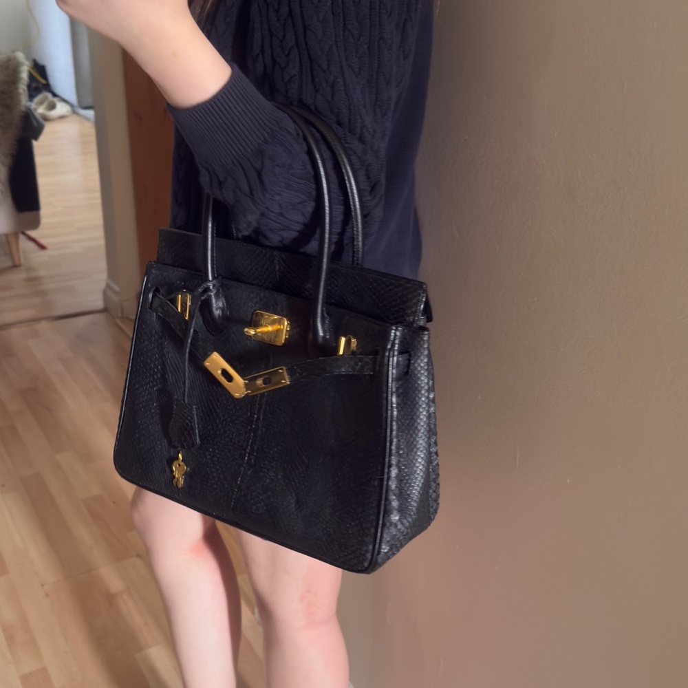 Structured Black Leather Satchel with Gold-Tone Hardware snake skin
